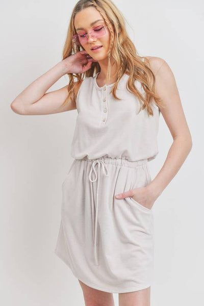 Cherish Apparel - Henley Style French Terry Dress: L / Beige