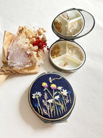 Embroidered Round Jewelry Box With Mirror