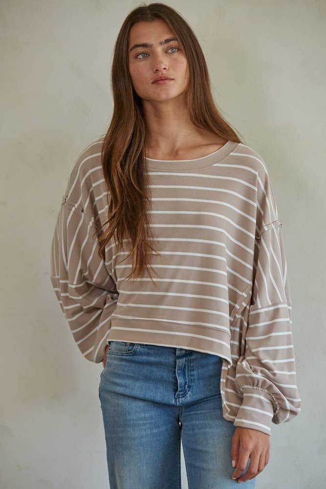 Esme | Knit Ribbed Striped Pullover Top : Mocha / L