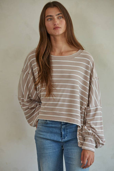 Esme | Knit Ribbed Striped Pullover Top : Mocha / S