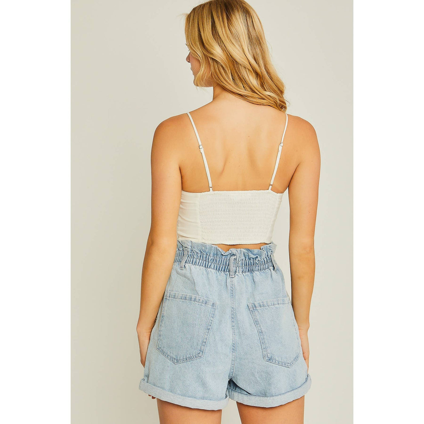 Love Tree Paper Bag Waist Denim Shorts: Light Blue