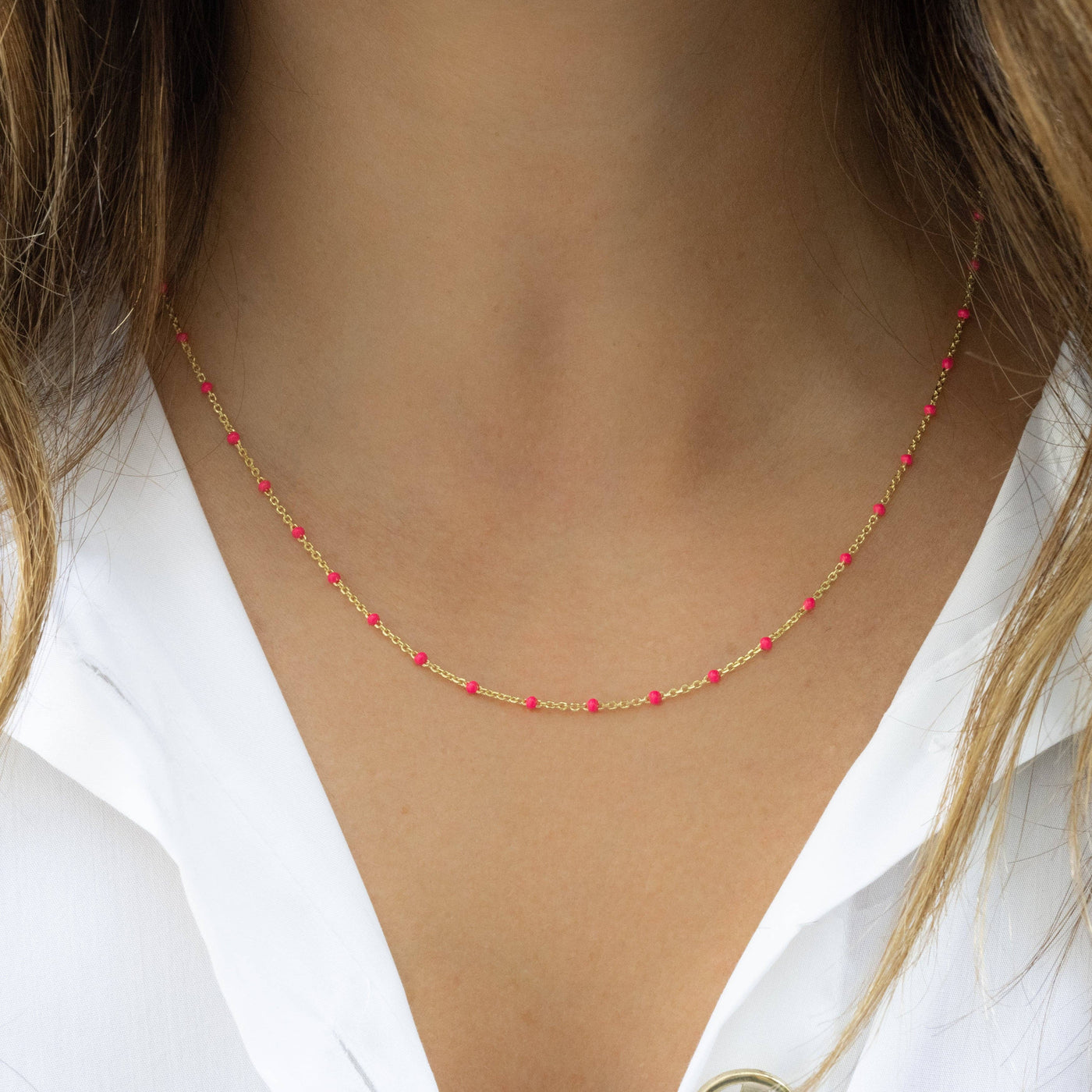 Sami Jewels - Cream Enamel Beaded Necklace: Gold / Hot Pink