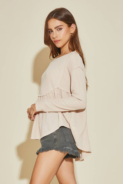 SMALL Mustard Seed - Women's Flare Waffle Knit Blouse: LT.BEIGE /