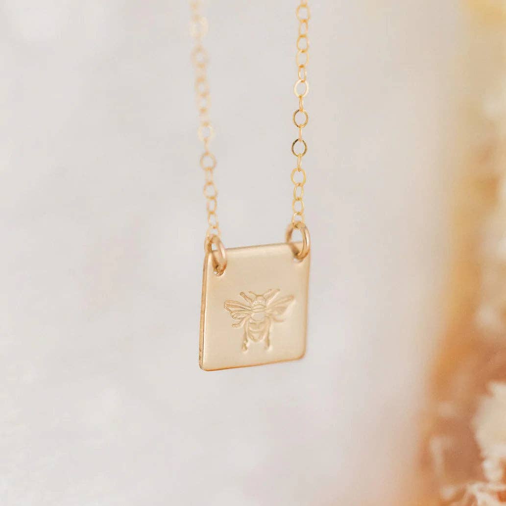 Honey Bee Square Necklace - Hypoallergenic, Hand Stamped: Gold