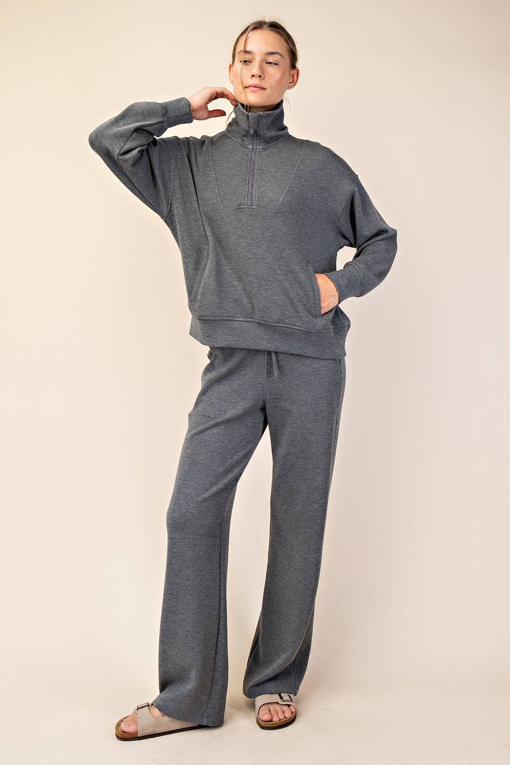 Rae Mode - MODAL SCUBA QUARTER ZIP FUNNEL NECK PULLOVER: Mocha / S-M-L(2-2-2)