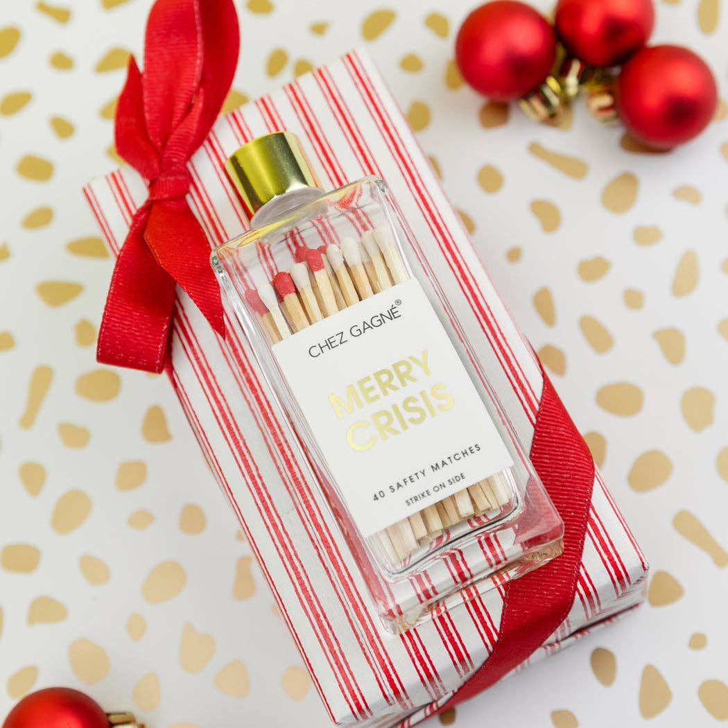Chez Gagné - Merry Crisis - Holiday Glass Bottle Safety Matches - White/Red