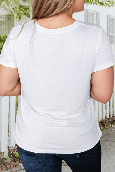 66DISCO - White Round Neck Rolled Sleeve Plus Size T-shirt: White / Plus Size / 2X