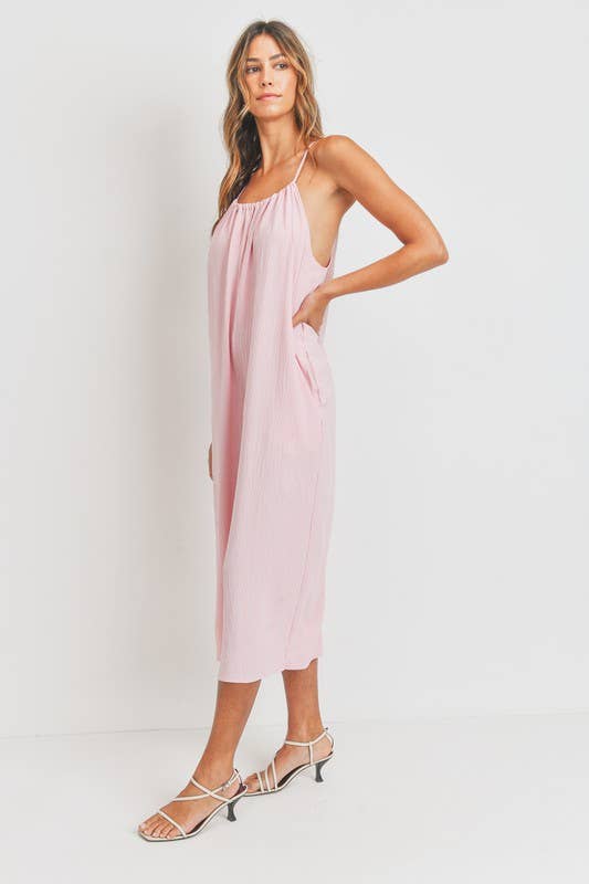 Cherish Apparel - Drawstring Neck Adjustable Strap Woven Jumpsuit: S / Pink