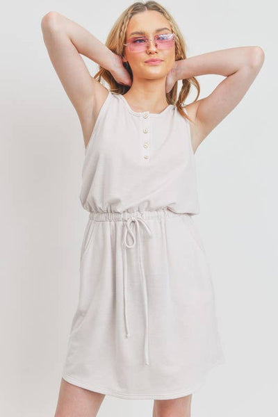 Cherish Apparel - Henley Style French Terry Dress: L / Beige