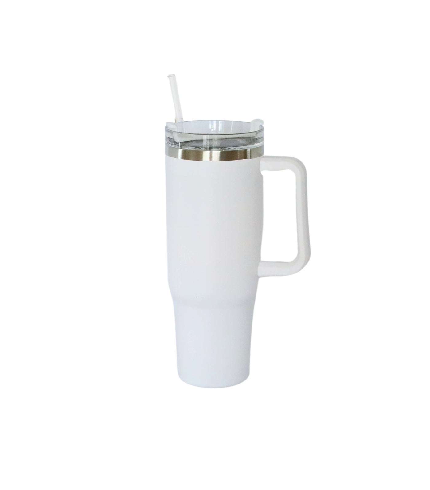 WHITE TRAVEL TUMBLER WITH HANDLE & STRAW, 40 OZ