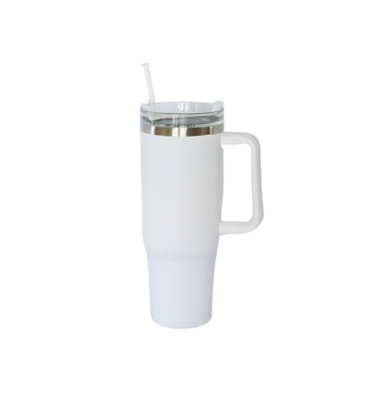 WHITE TRAVEL TUMBLER WITH HANDLE & STRAW, 40 OZ