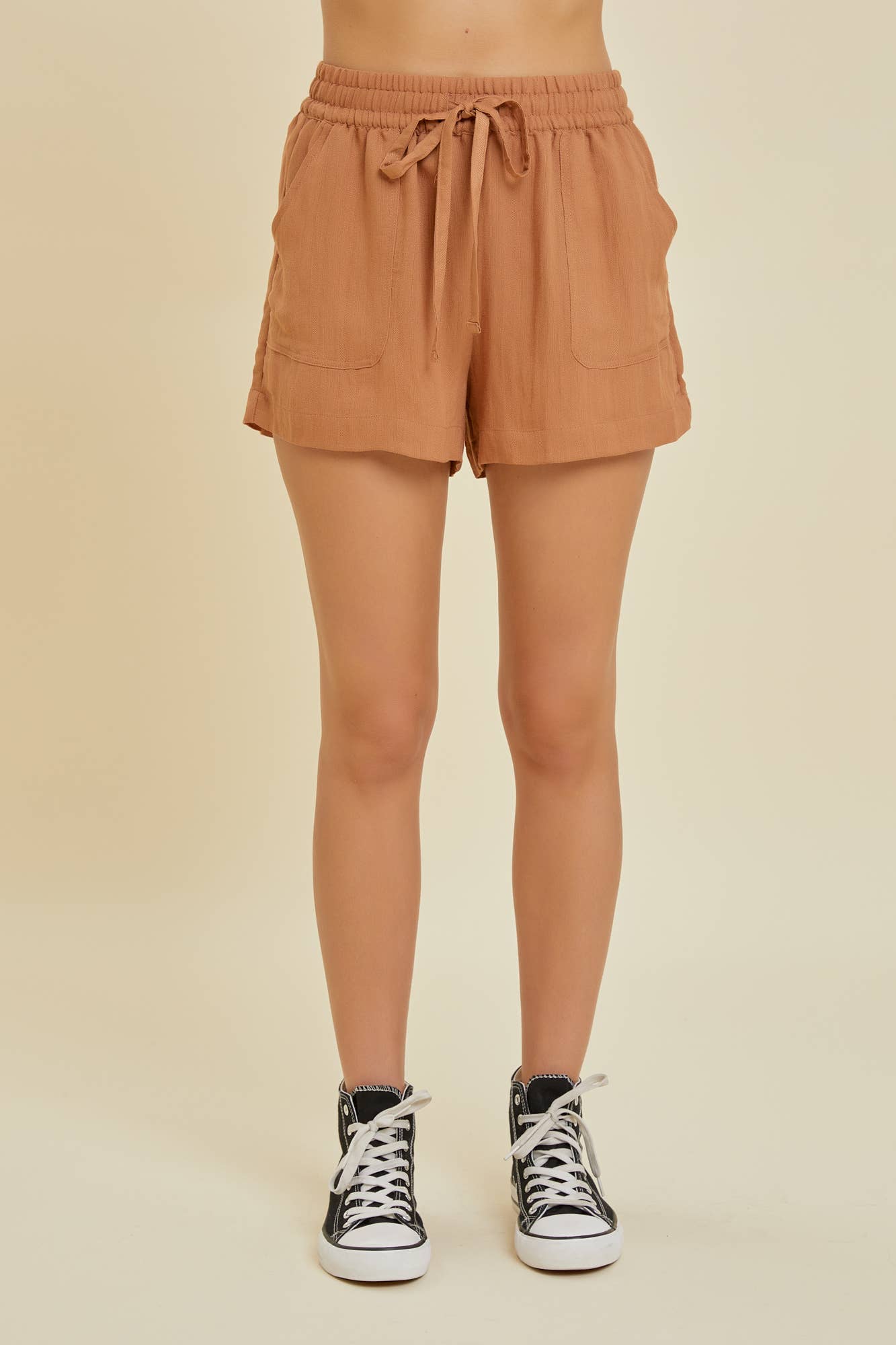 Be Cool - High-Waisted Drawstring Shorts: Brown / L / Drawstring/Belted