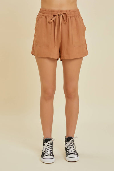 Be Cool - High-Waisted Drawstring Shorts: Brown / S / Drawstring/Belted