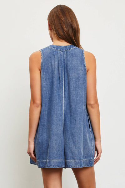 Daisy Romper  - TIE WITH PLEATED DENIM ROMPER: L / WASHED DENIM