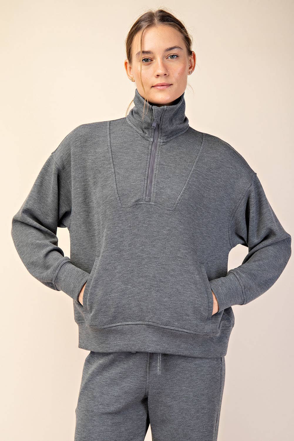 Rae Mode - MODAL SCUBA QUARTER ZIP FUNNEL NECK PULLOVER: Mocha / S-M-L(2-2-2)