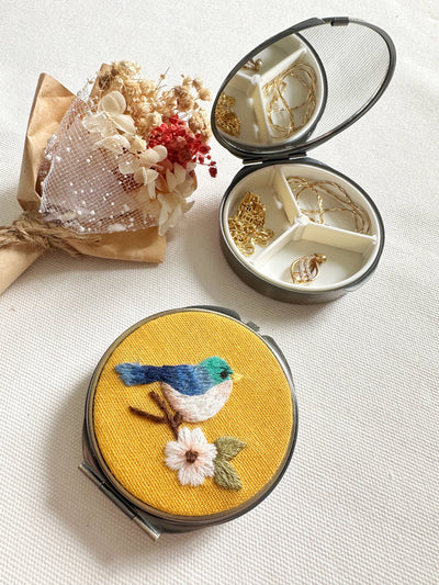 Embroidered Round Jewelry Box With Mirror