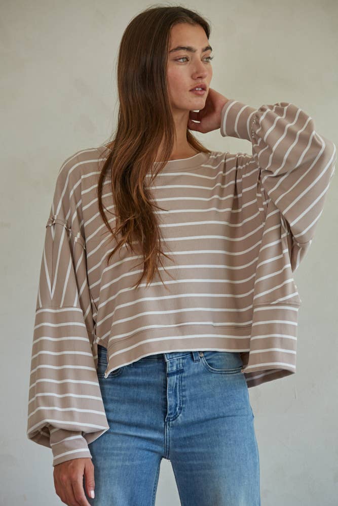 Esme | Knit Ribbed Striped Pullover Top : Mocha / L