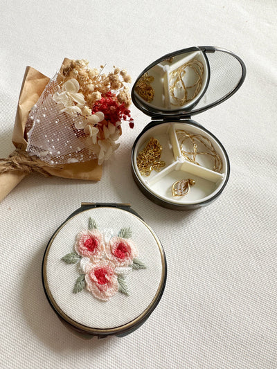 Embroidered Round Jewelry Box With Mirror