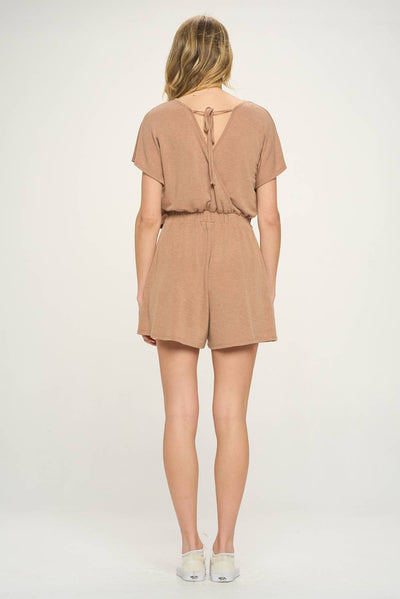 Cherish Apparel - Open Back French Terry Romper: M / Camel