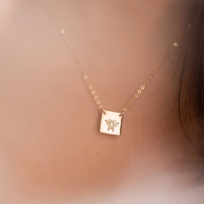 Honey Bee Square Necklace - Hypoallergenic, Hand Stamped: Gold