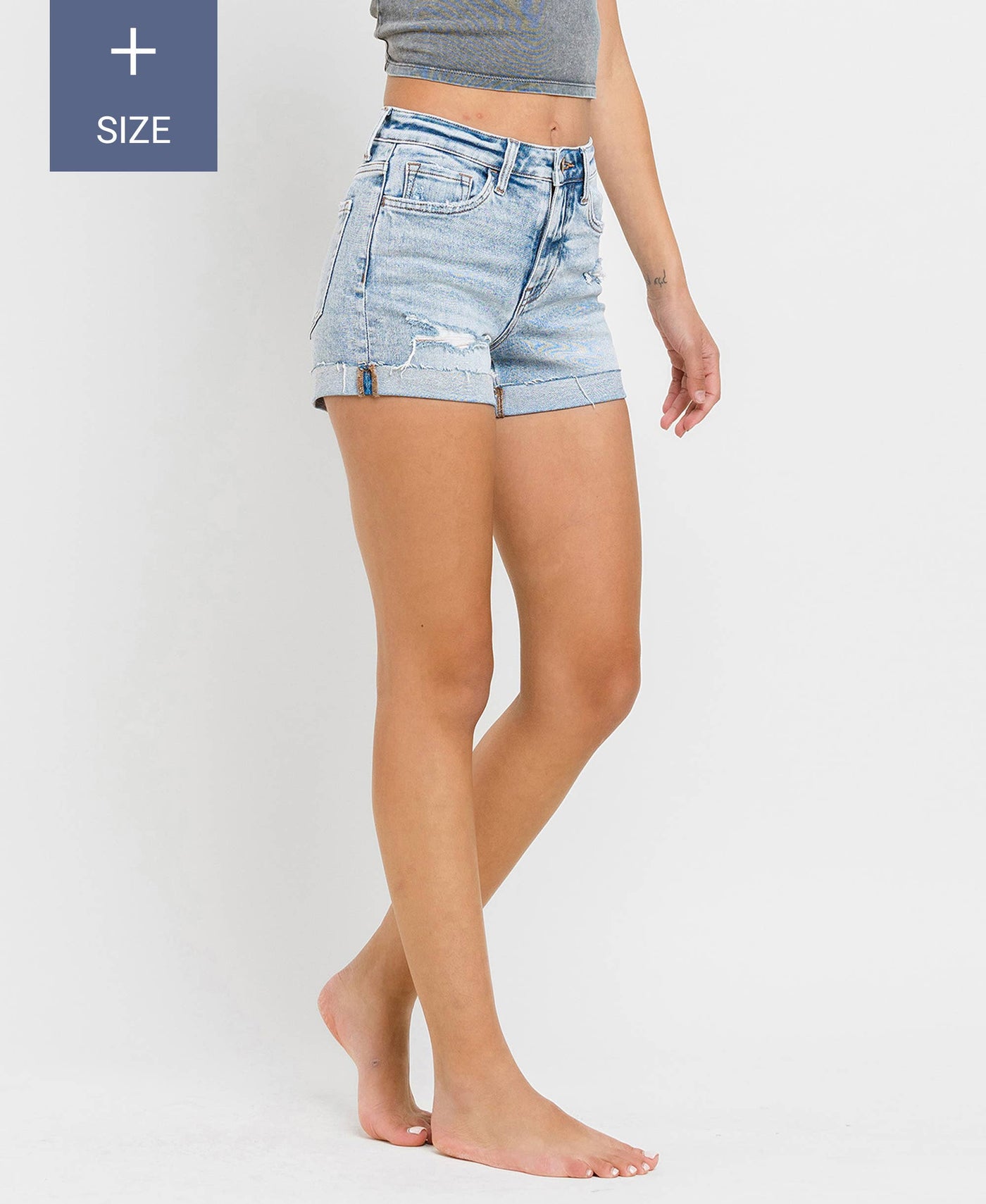 VERVET by FLYING MONKEY - PLUS SIZE HIGH RISE SINGLE CUFF DENIM SHORTS 
 T6382-P: BLU BAY / 1X