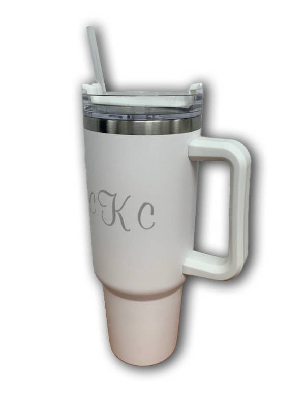 WHITE TRAVEL TUMBLER WITH HANDLE & STRAW, 40 OZ