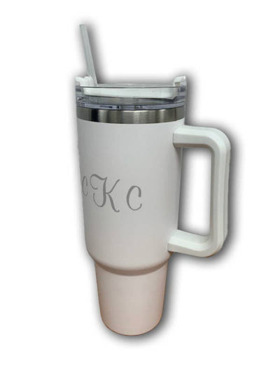 WHITE TRAVEL TUMBLER WITH HANDLE & STRAW, 40 OZ