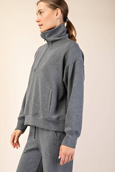 Rae Mode - MODAL SCUBA QUARTER ZIP FUNNEL NECK PULLOVER: Mocha / S-M-L(2-2-2)