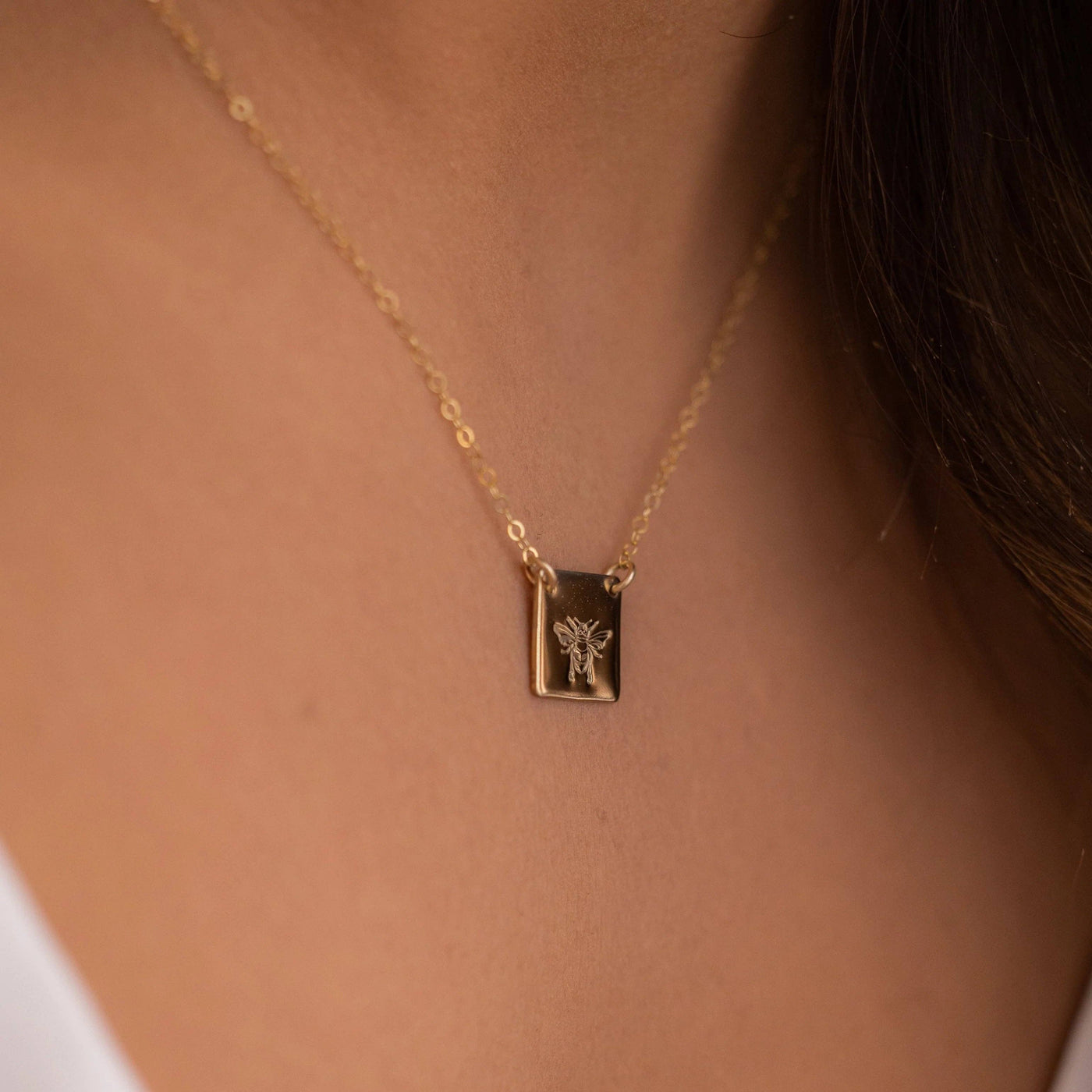 Honey Bee Square Necklace - Hypoallergenic, Hand Stamped: Gold