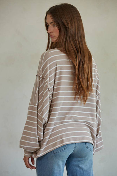 Esme | Knit Ribbed Striped Pullover Top : Mocha / S