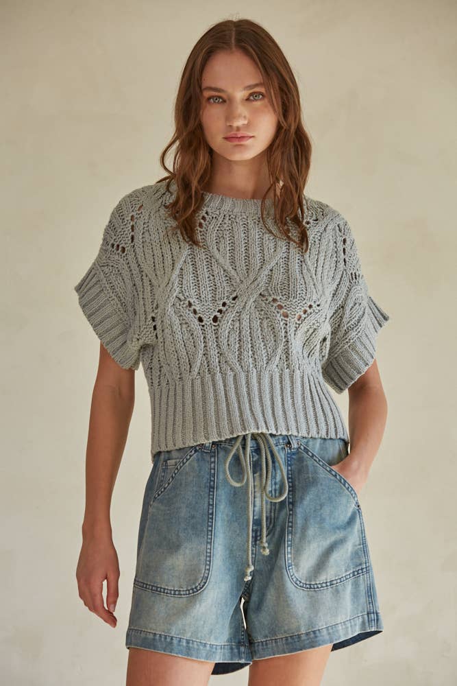 Lily Knit Short Sleeve Sweater : Dusty Sage / Large