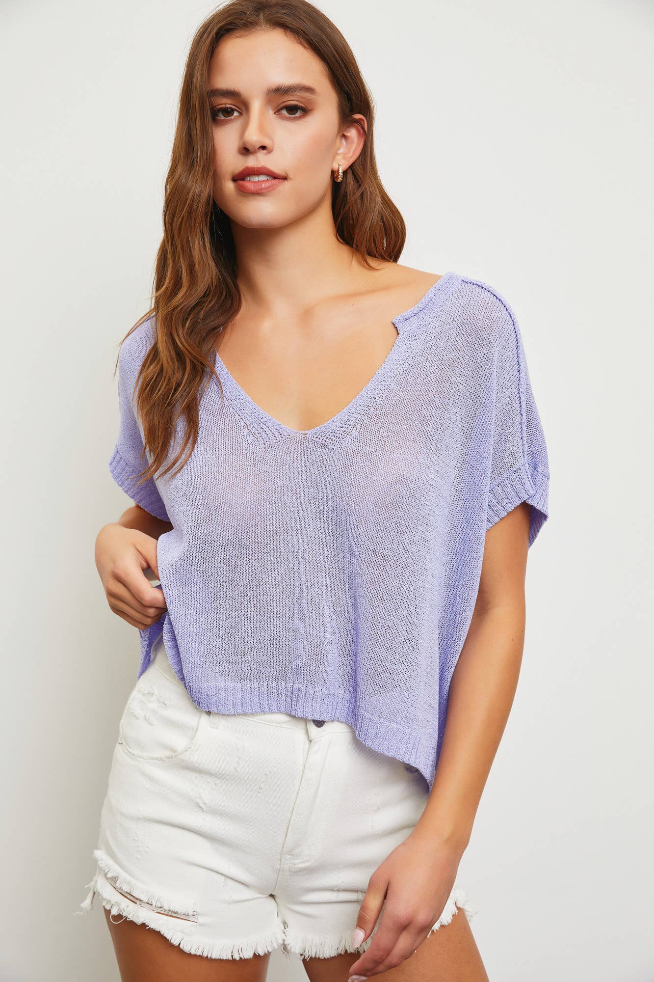 SMALL Mustard Seed - V-NECK KNIT TOP: PERIWINKLE /