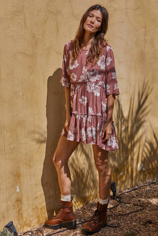 By Together - Classic Round Neck Ruffle Dress: S / ROSE