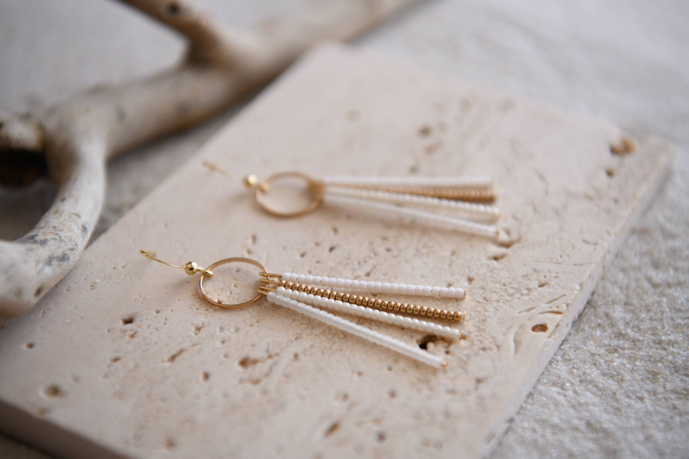 Cecelia Designs Jewelry - Seed Bead Fringe and Gold Hoop Earrings