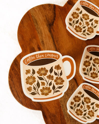 Flora West Design - Coffee Lovers Mug Floral Vinyl Sticker Clear Background (
