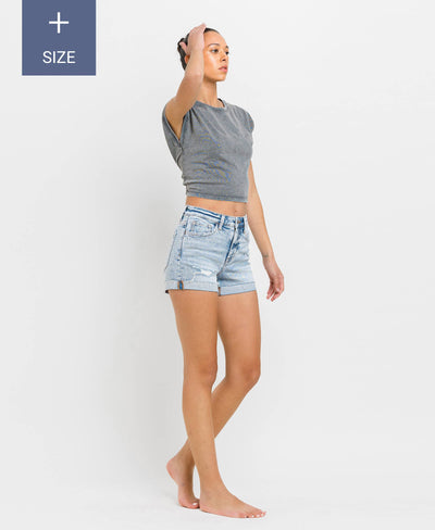 VERVET by FLYING MONKEY - PLUS SIZE HIGH RISE SINGLE CUFF DENIM SHORTS 
 T6382-P: BLU BAY / 1X