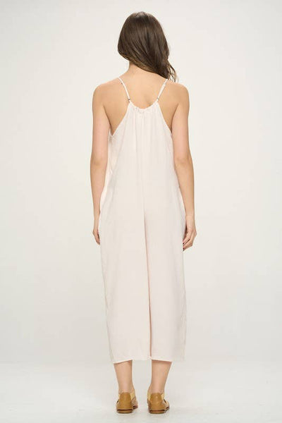 Cherish Apparel - Drawstring Neck Adjustable Strap Woven Jumpsuit: M / Pink