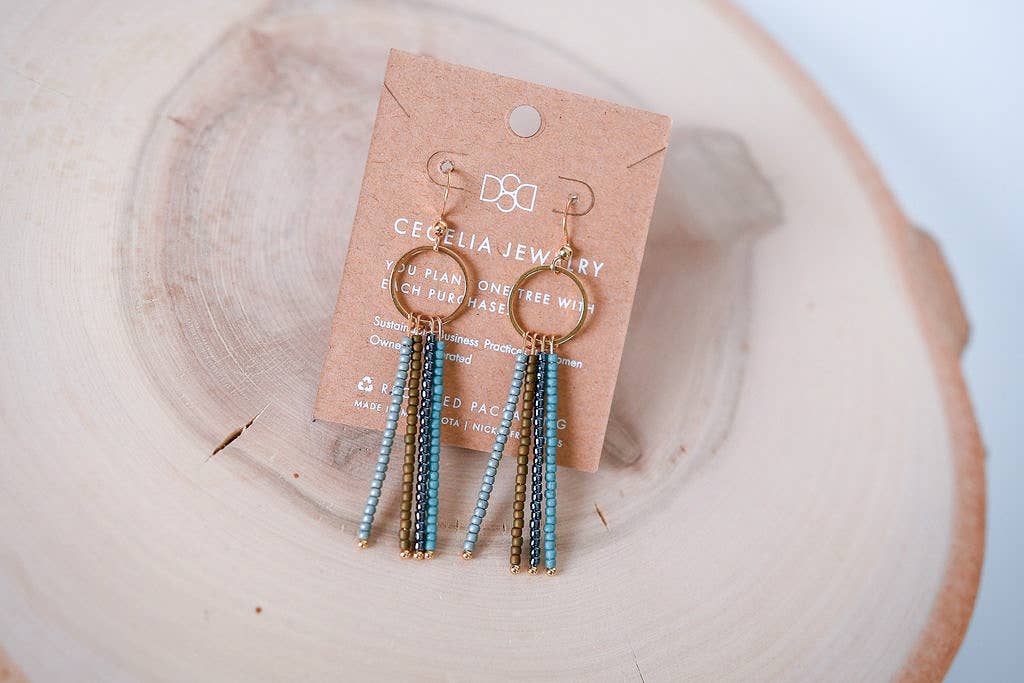 Cecelia Designs Jewelry - Seed Bead Fringe and Gold Hoop Earrings