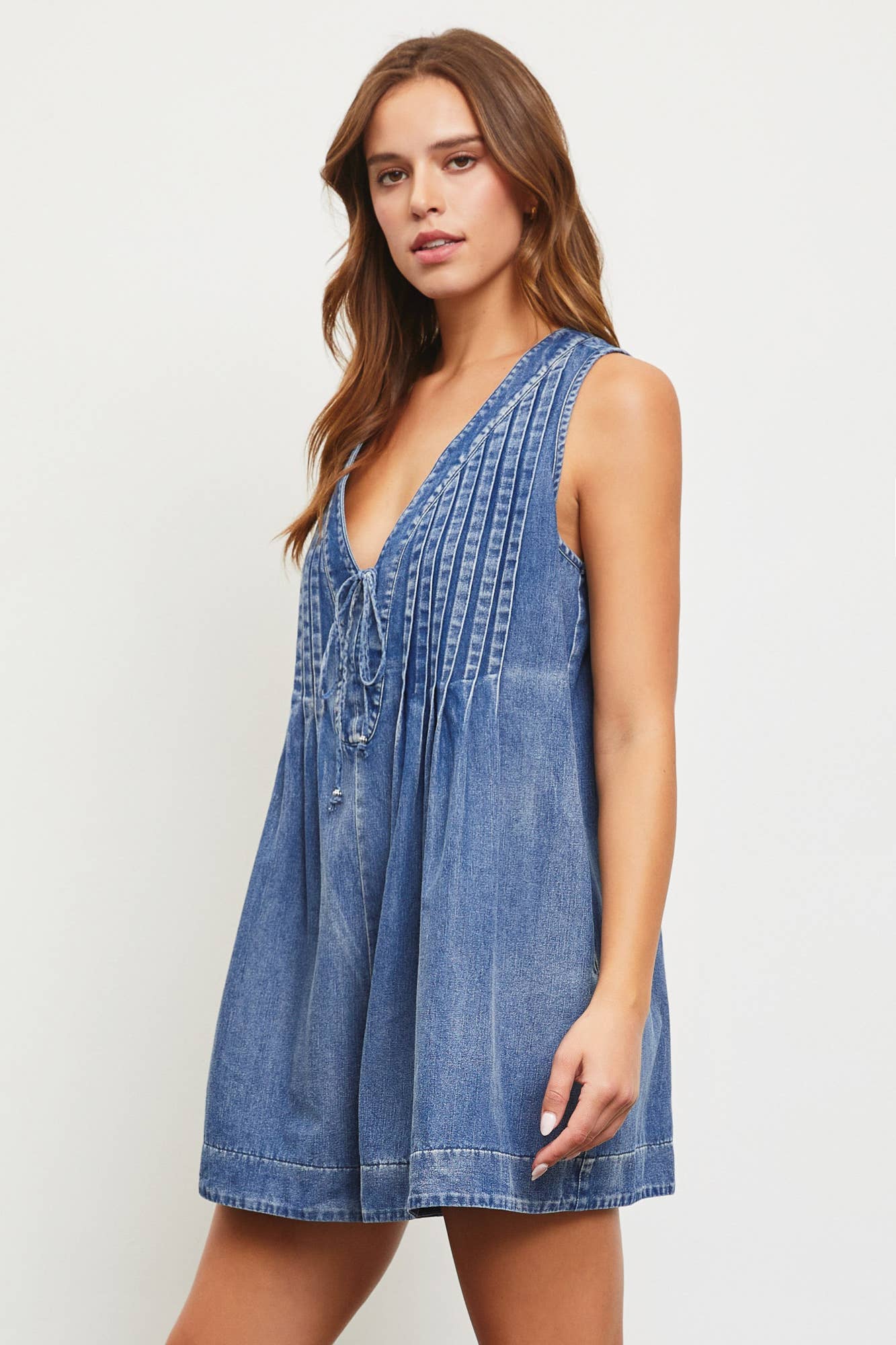 Daisy Romper - TIE WITH PLEATED DENIM ROMPER: S / WASHED DENIM