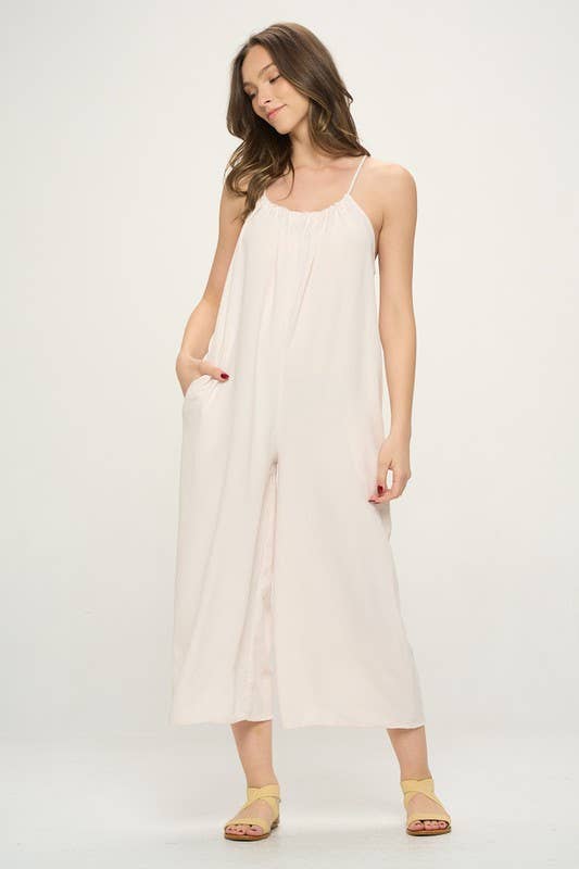 Cherish Apparel - Drawstring Neck Adjustable Strap Woven Jumpsuit: M / Pink