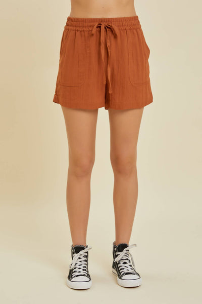 Be Cool - High-Waisted Drawstring Shorts: Brown / L / Drawstring/Belted