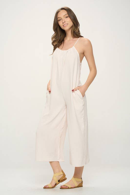 Cherish Apparel - Drawstring Neck Adjustable Strap Woven Jumpsuit: M / Pink