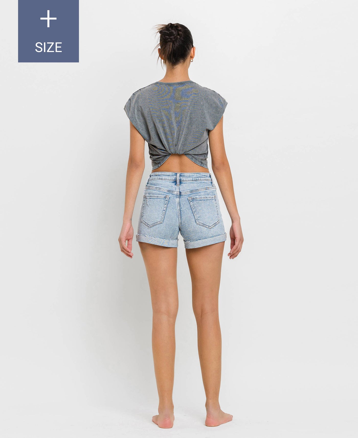 VERVET by FLYING MONKEY - PLUS SIZE HIGH RISE SINGLE CUFF DENIM SHORTS 
 T6382-P: BLU BAY / 1X