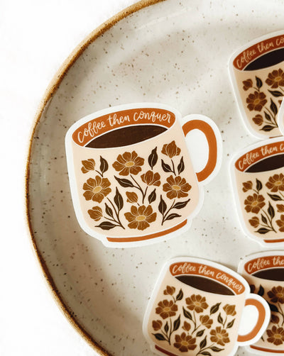 Flora West Design - Coffee Lovers Mug Floral Vinyl Sticker Clear Background (