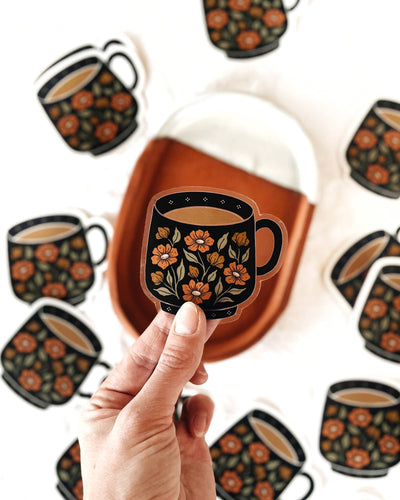 Flora West Design - Tea Cup / Coffee Mug Floral Vinyl Sticker Clear Background