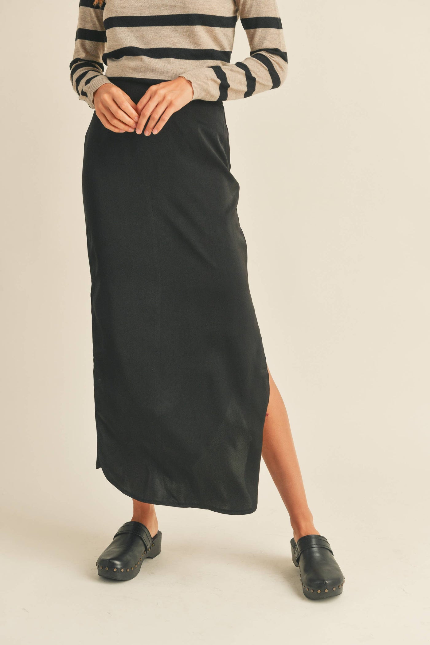 ADALYN BLACK SATIN SIDE SLIT SKIRT