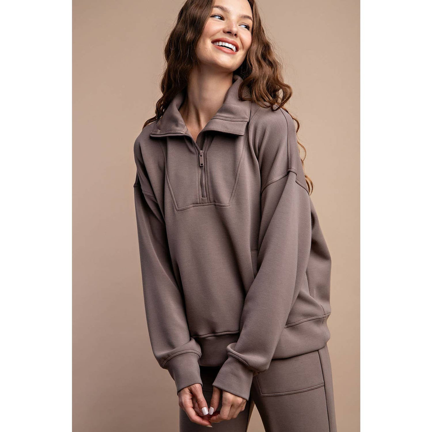 Rae Mode - MODAL SCUBA QUARTER ZIP FUNNEL NECK PULLOVER: Mocha / S-M-L(2-2-2)