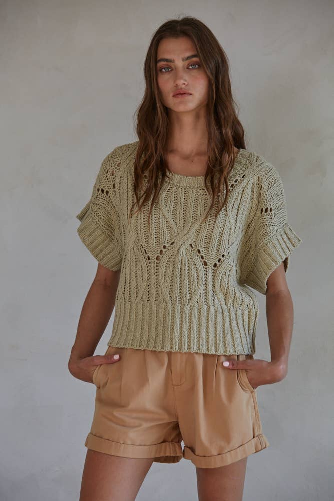 Lily Knit Short Sleeve Sweater : Dusty Sage / Large