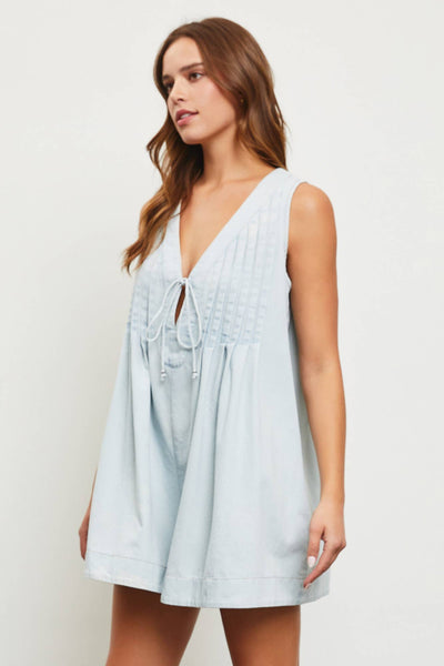 Mustard Seed - TIE WITH PLEATED DENIM ROMPER: L / ICY DENIM