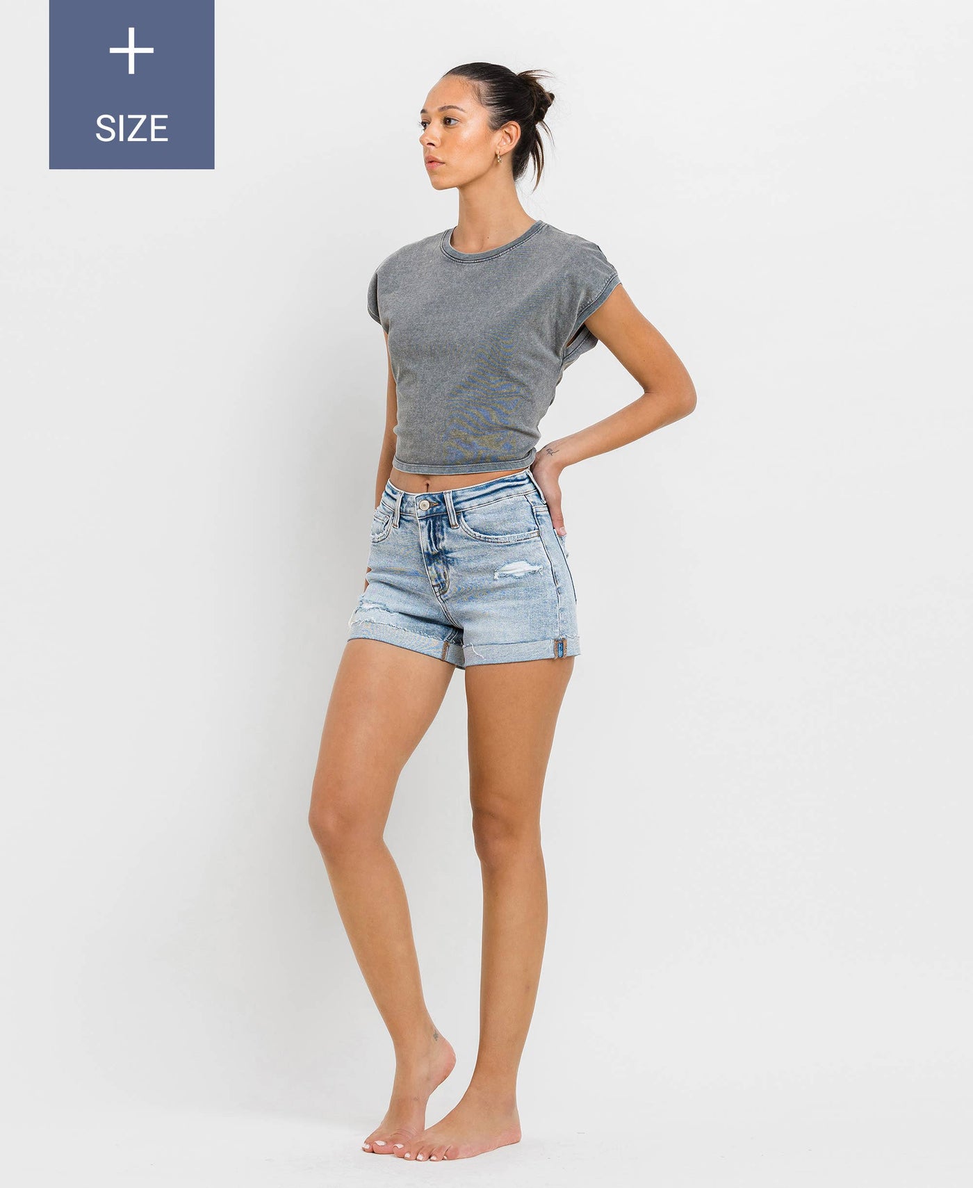 VERVET by FLYING MONKEY - PLUS SIZE HIGH RISE SINGLE CUFF DENIM SHORTS 
 T6382-P: BLU BAY / 1X